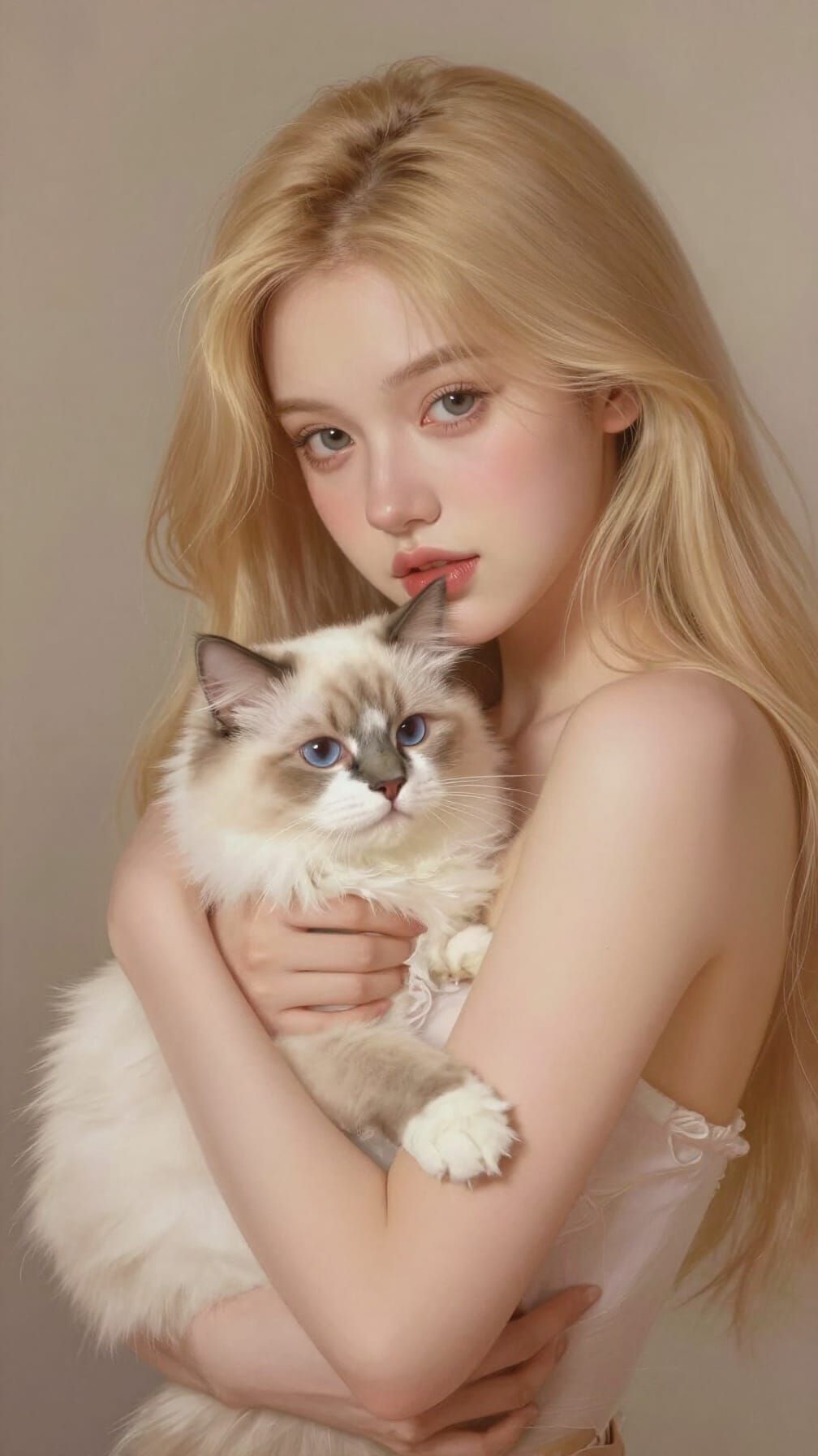 Woman Tenderly Holds Fluffy Cat in Studio Light