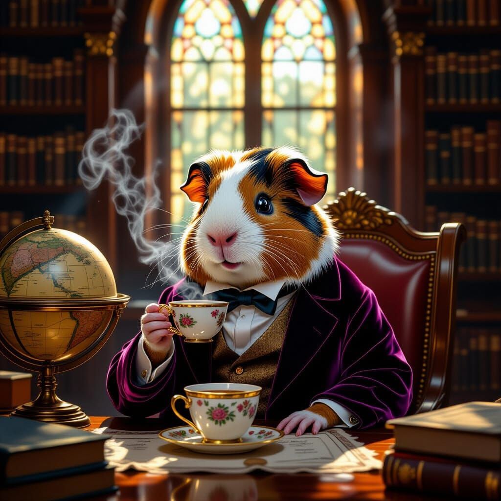Regal Guinea Pig Sipping Tea in Cozy Library