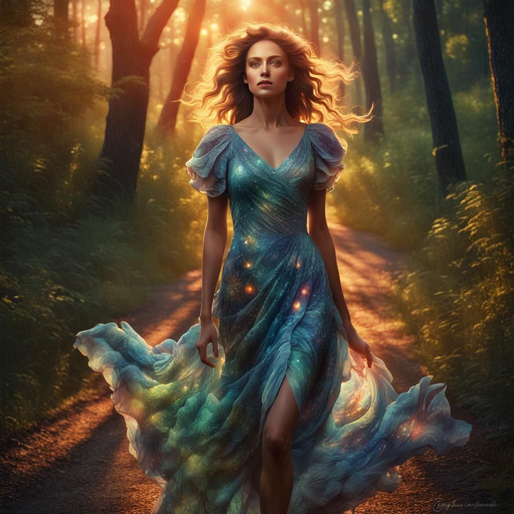 Woman Walking Through Forest at Sunset: Detailed Portrait