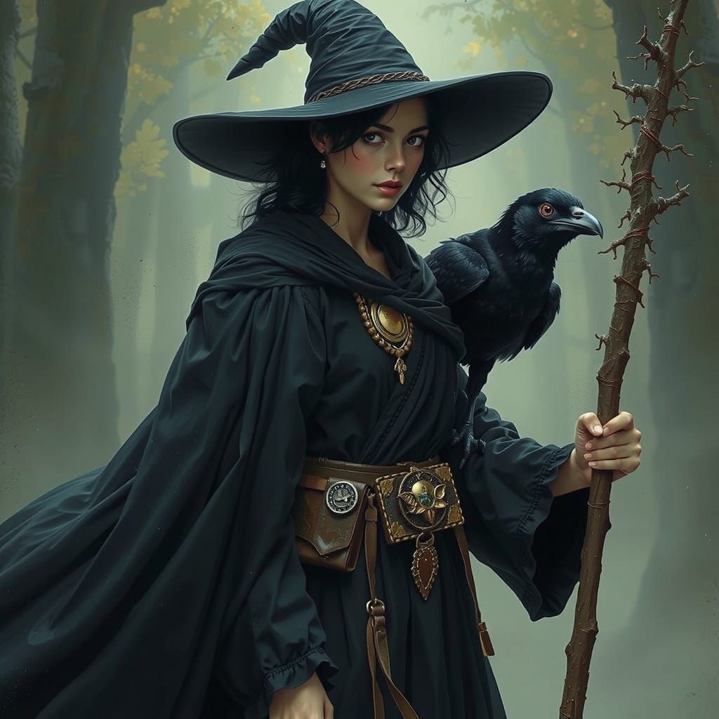 Young Witch with Raven Companion