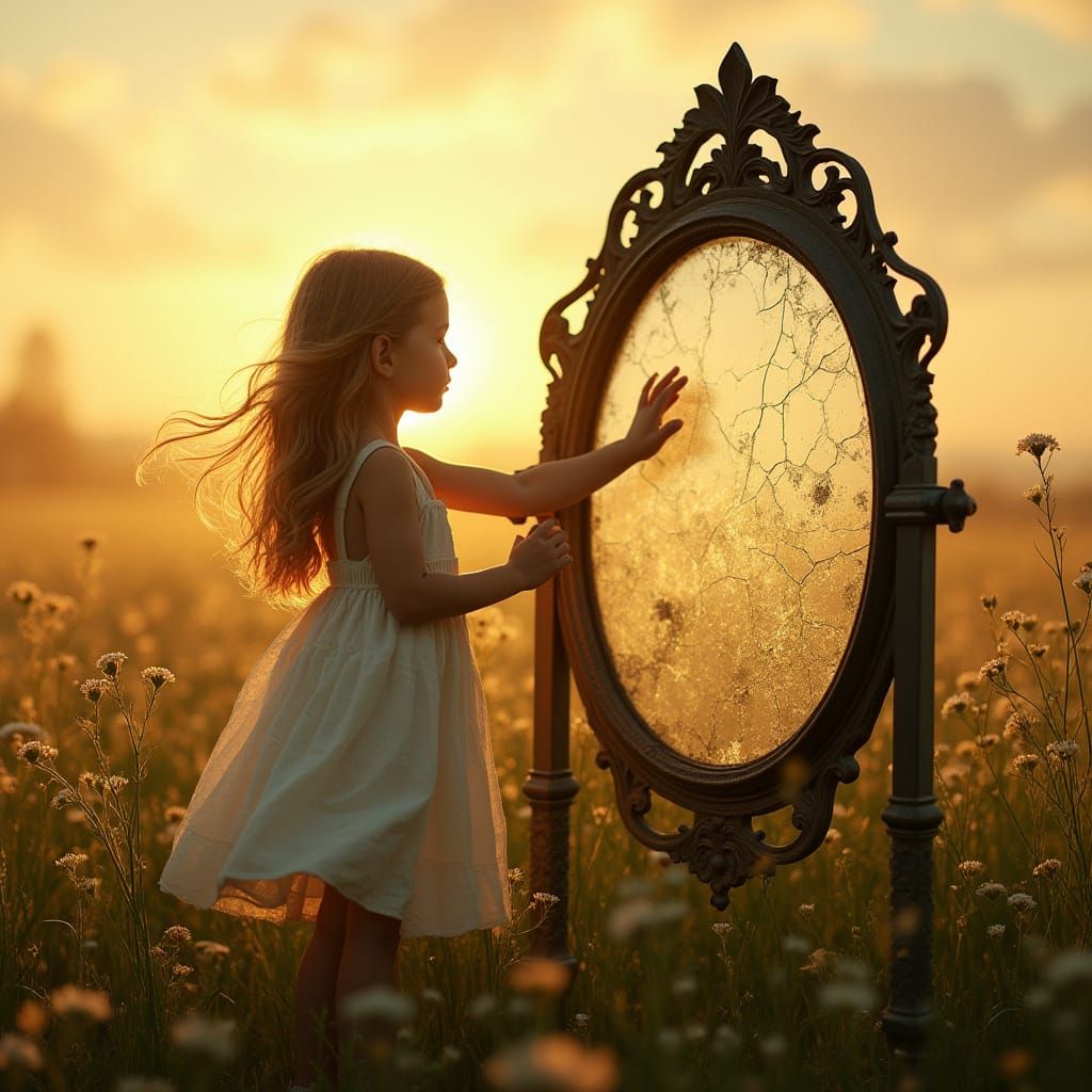 Girl in Ethereal Dawn Landscape with Mirror