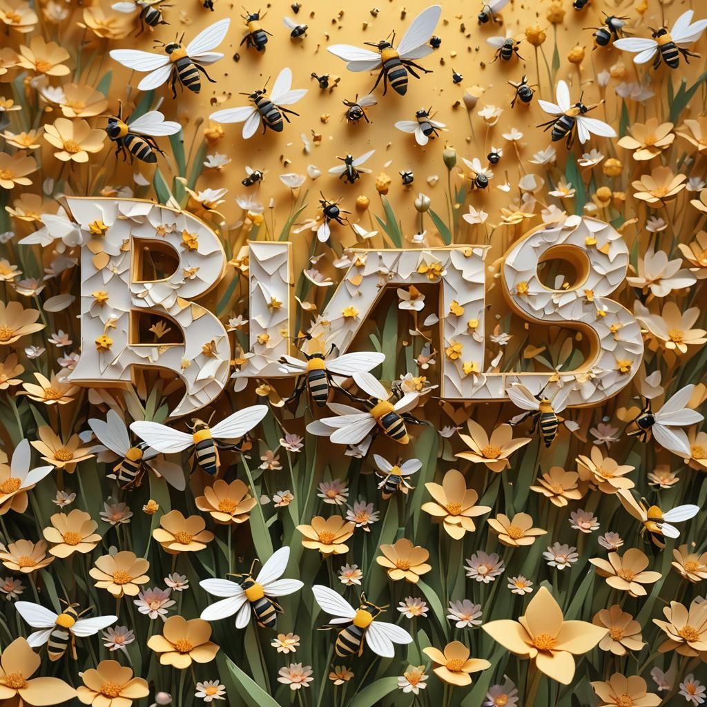 Bees Form "BUZZ" in Floral Meadow, Hyperrealistic Splash Art