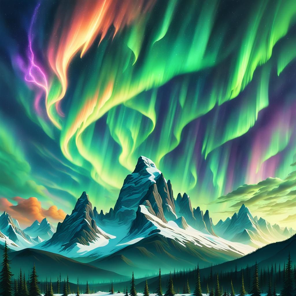 Aurora Borealis Over Mountain Range in Fantasy Style