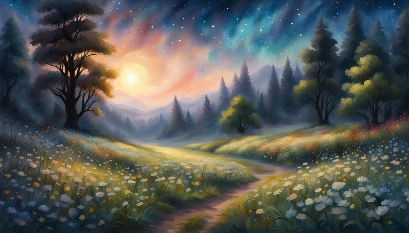 Starry Meadow in Flower Forest: Watercolor Painting