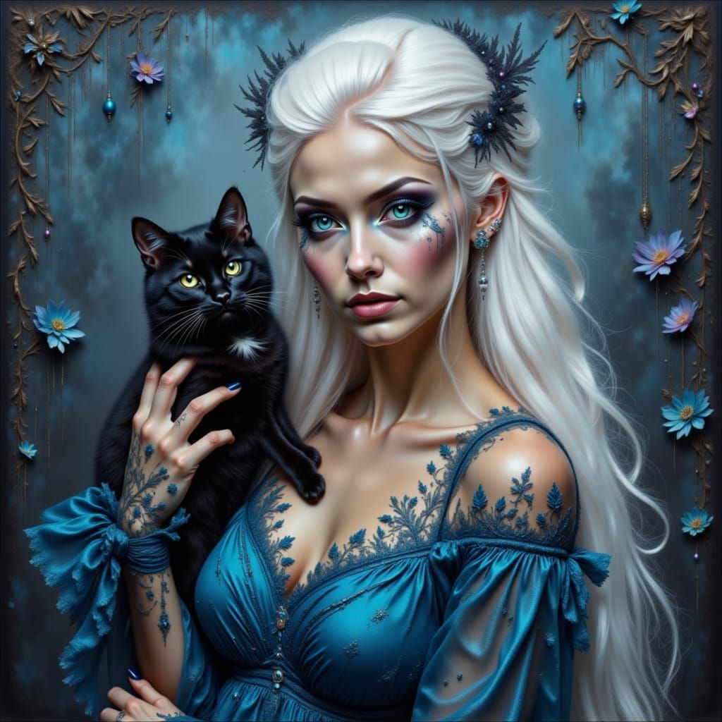 Sorceress with Black Cat in Whimsical Style