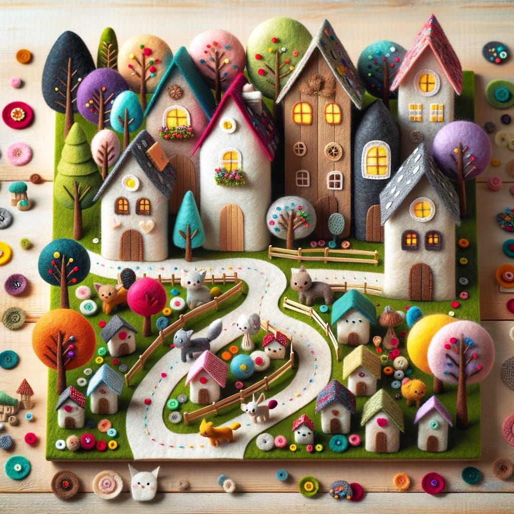 Charming Felt Village with Smiling Animals