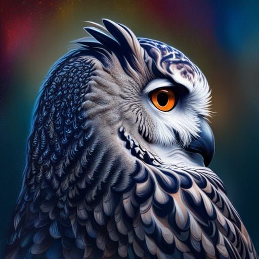 Grey Eagle-Owl with Blue Eyes in Splash Art Style