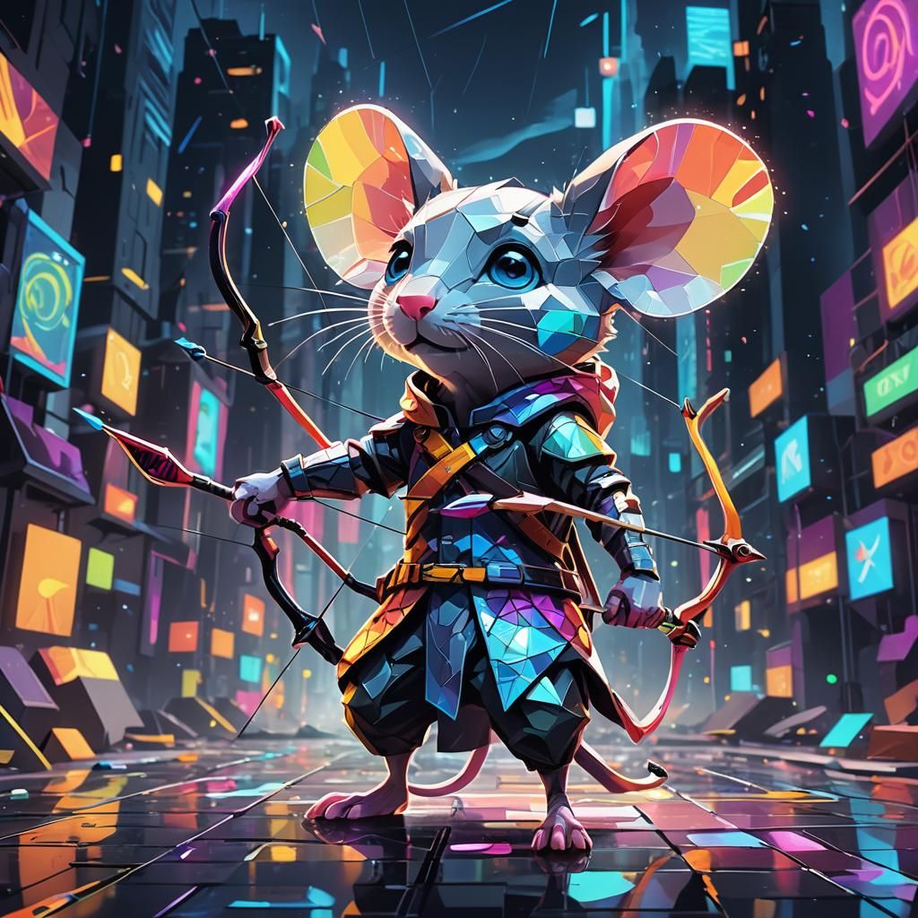 Mouse Archer in Futuristic Cityscape: Comic Book Art