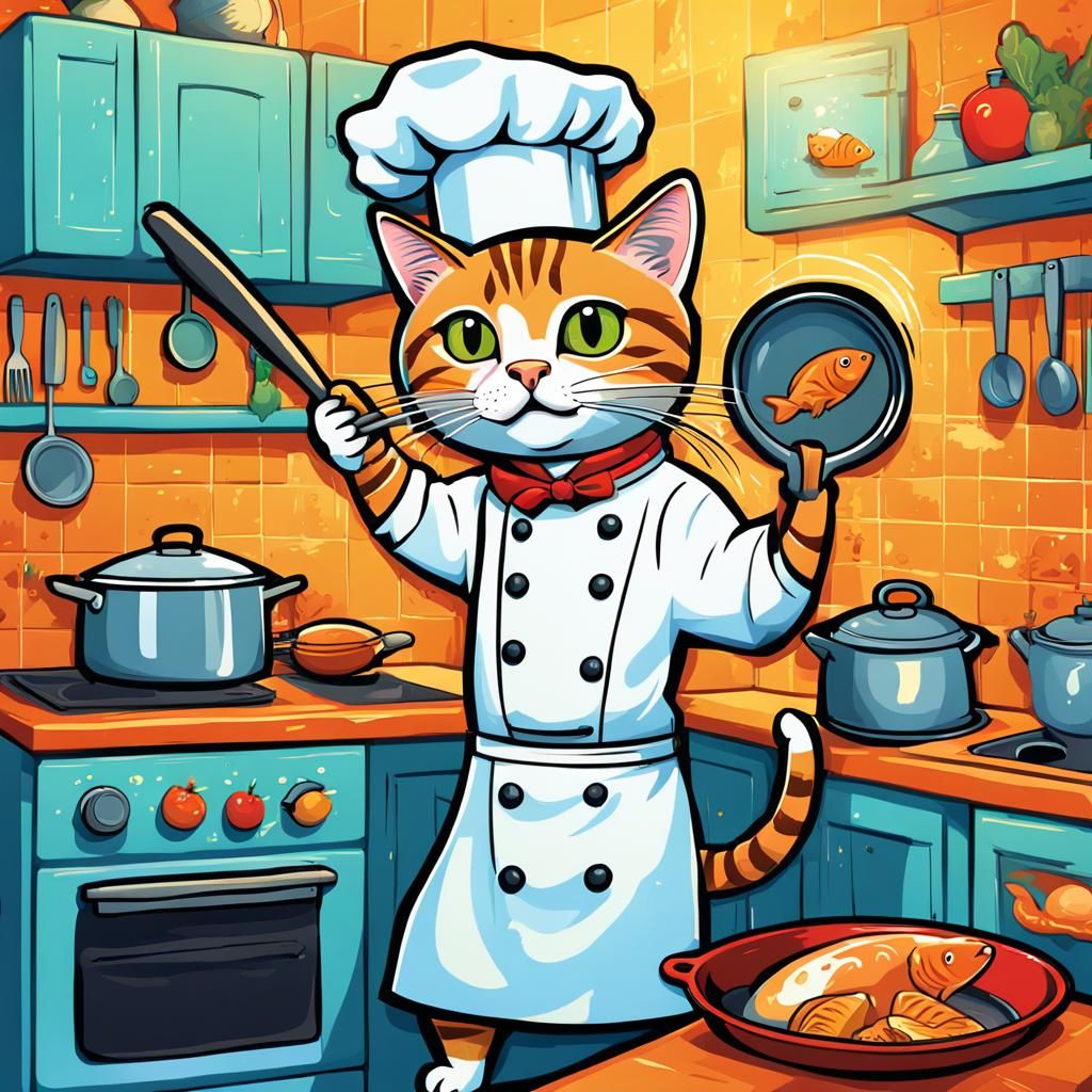 Playful Cat Chef in Cartoon Kitchen: Digital Art