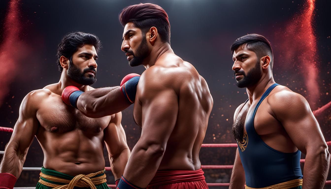 Pakistani Wrestlers in Fighting Pose: Detailed Matte Paintin...