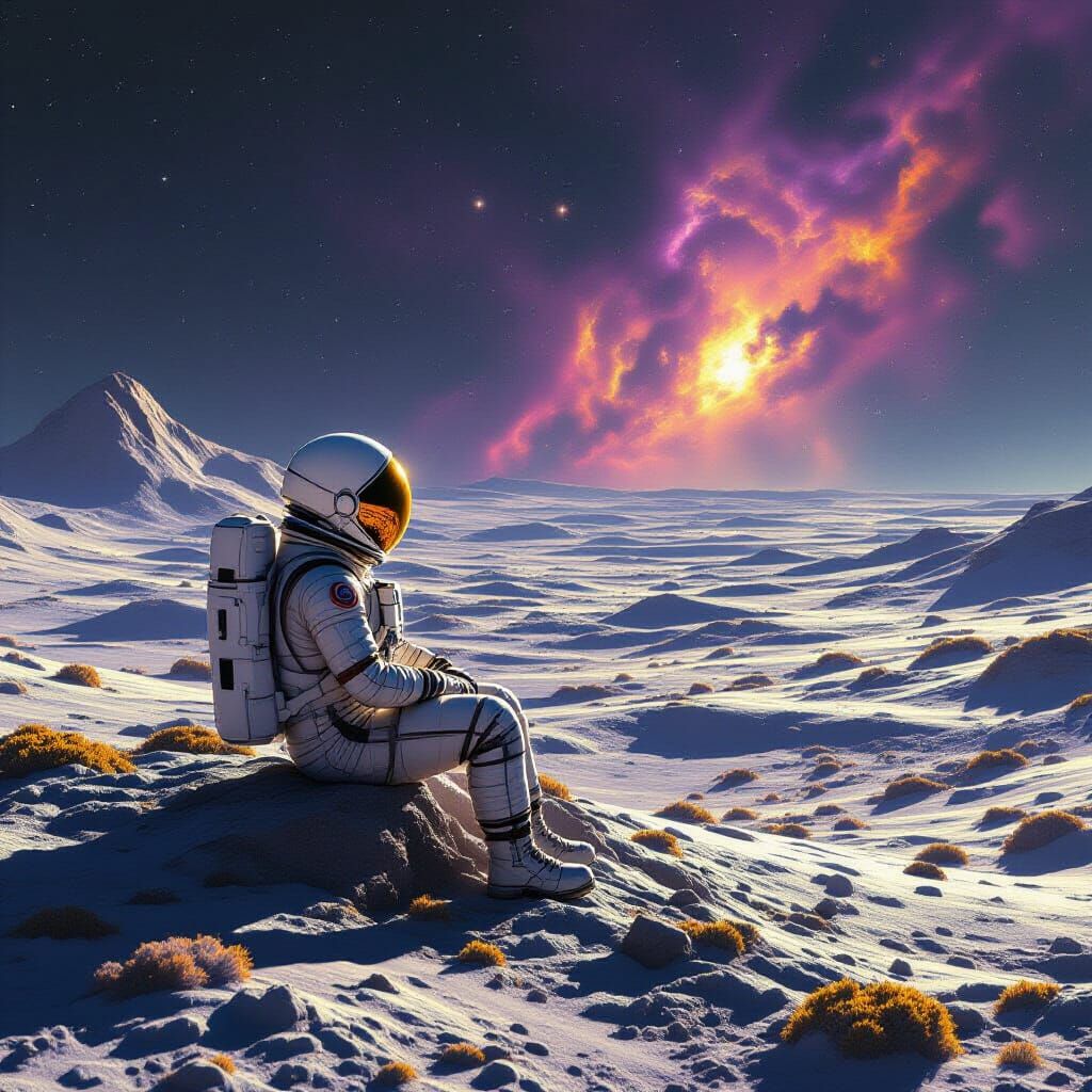 Astronaut Contemplates Nebula on Alien Planet