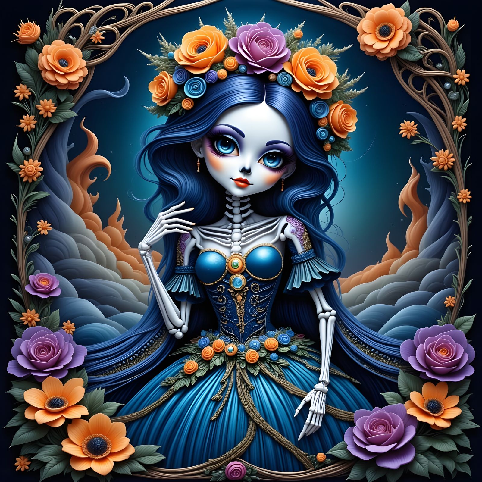 Skeletal Queen in French Court Gown, 3D Anime Art