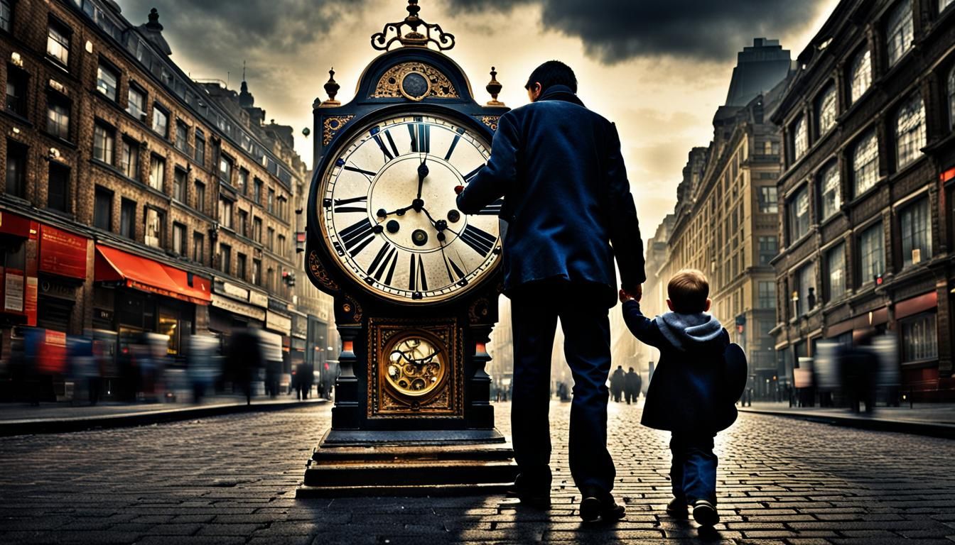 Clockwork Man and Child in Hyperrealistic Cityscape