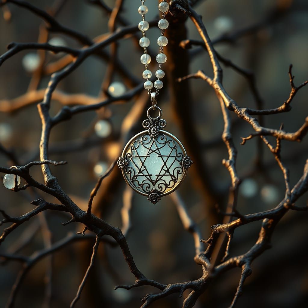 Ethereal Moon Quartz Pendant Amidst Mystical Branches