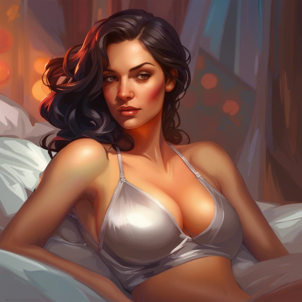 Woman Relaxing on Bed, Hyperdetailed Digital Art