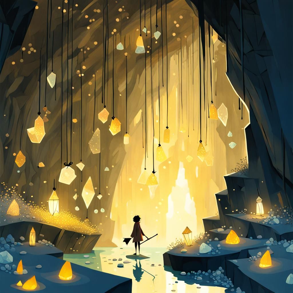 Luminous Crystal Cavern Treasure Hunt, 3D Render