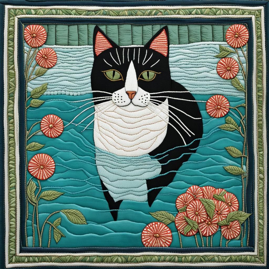 Whimsical Cat Swimming Pool Textile Art