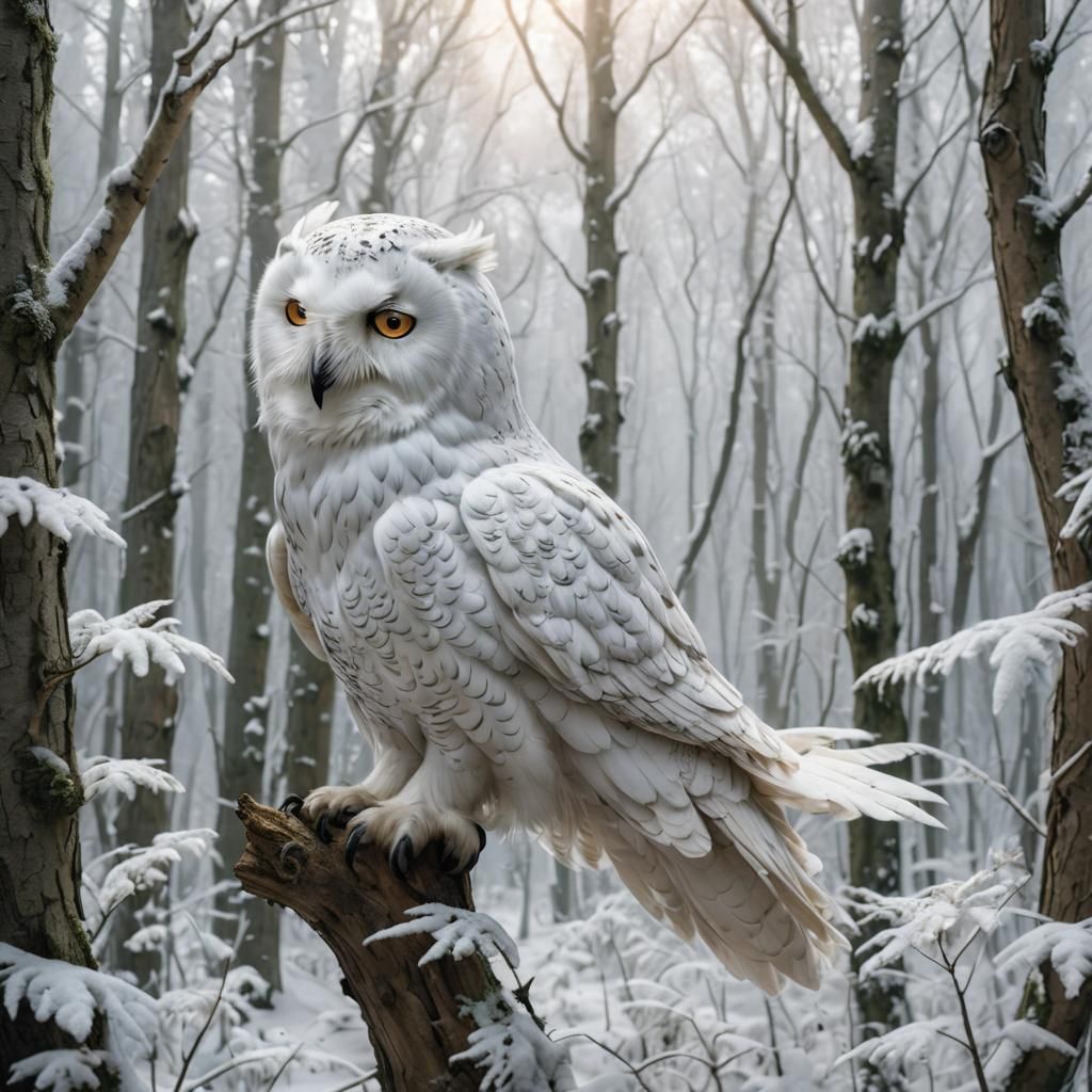 A Snowy white Owl Griffin in a white fantasy forest