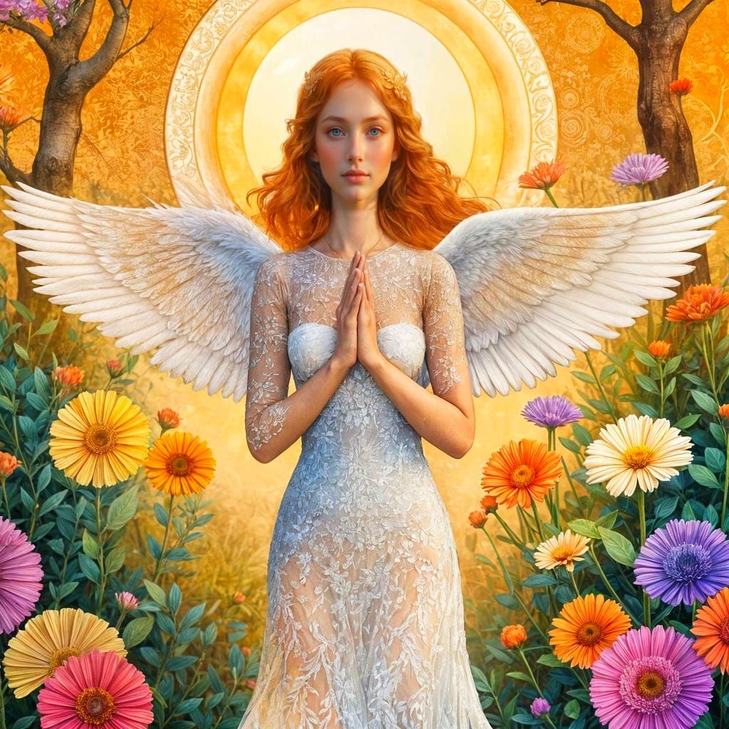 Ethereal Angel in Heavenly Garden, Art Nouveau Style
