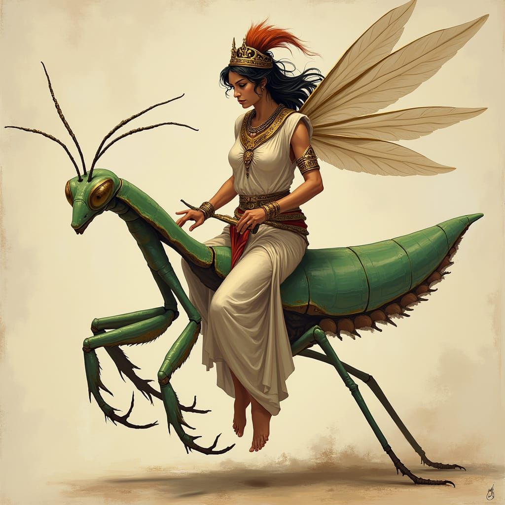 Greek Goddess Riding a Praying Mantis in Ancient Mythologica...