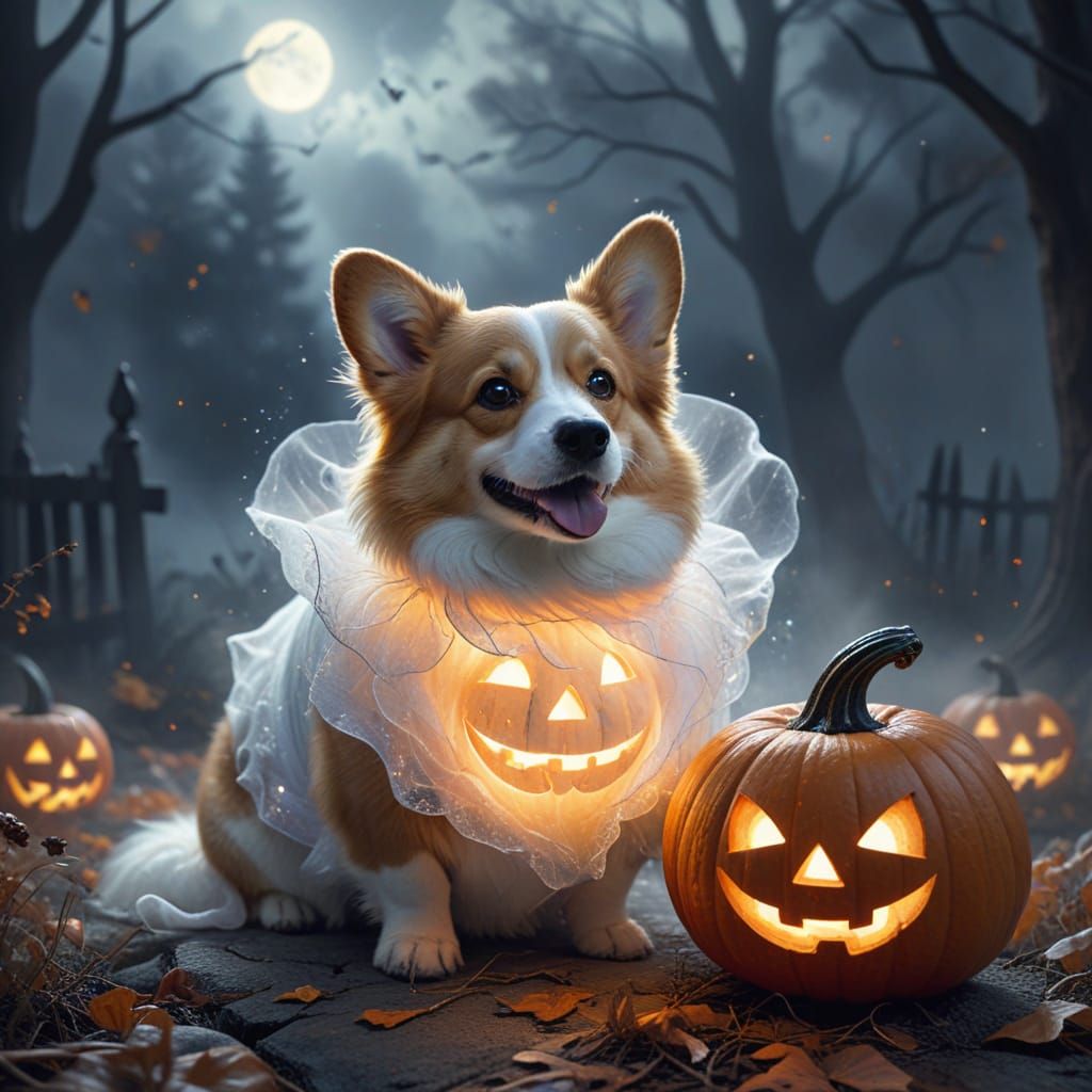 Adorable Corgi Ghost for Halloween in Watercolor Style