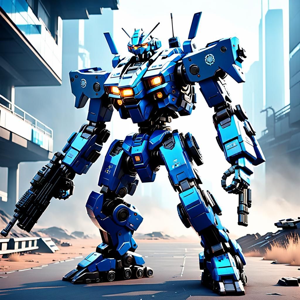 Futuristic Police Mech with Guns in Sci-Fi City