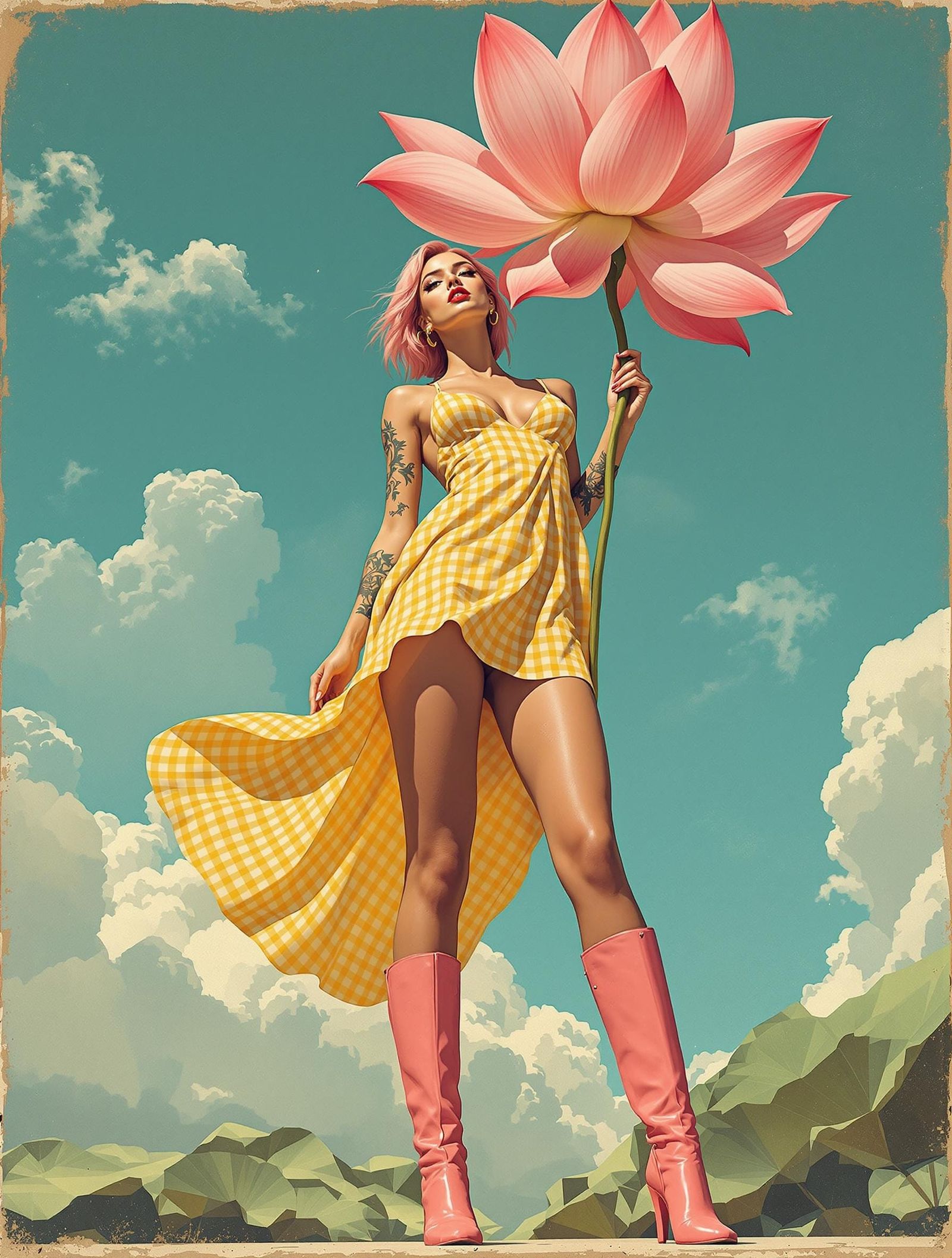 Woman with Lotus Flower in Art Deco Street Art Style