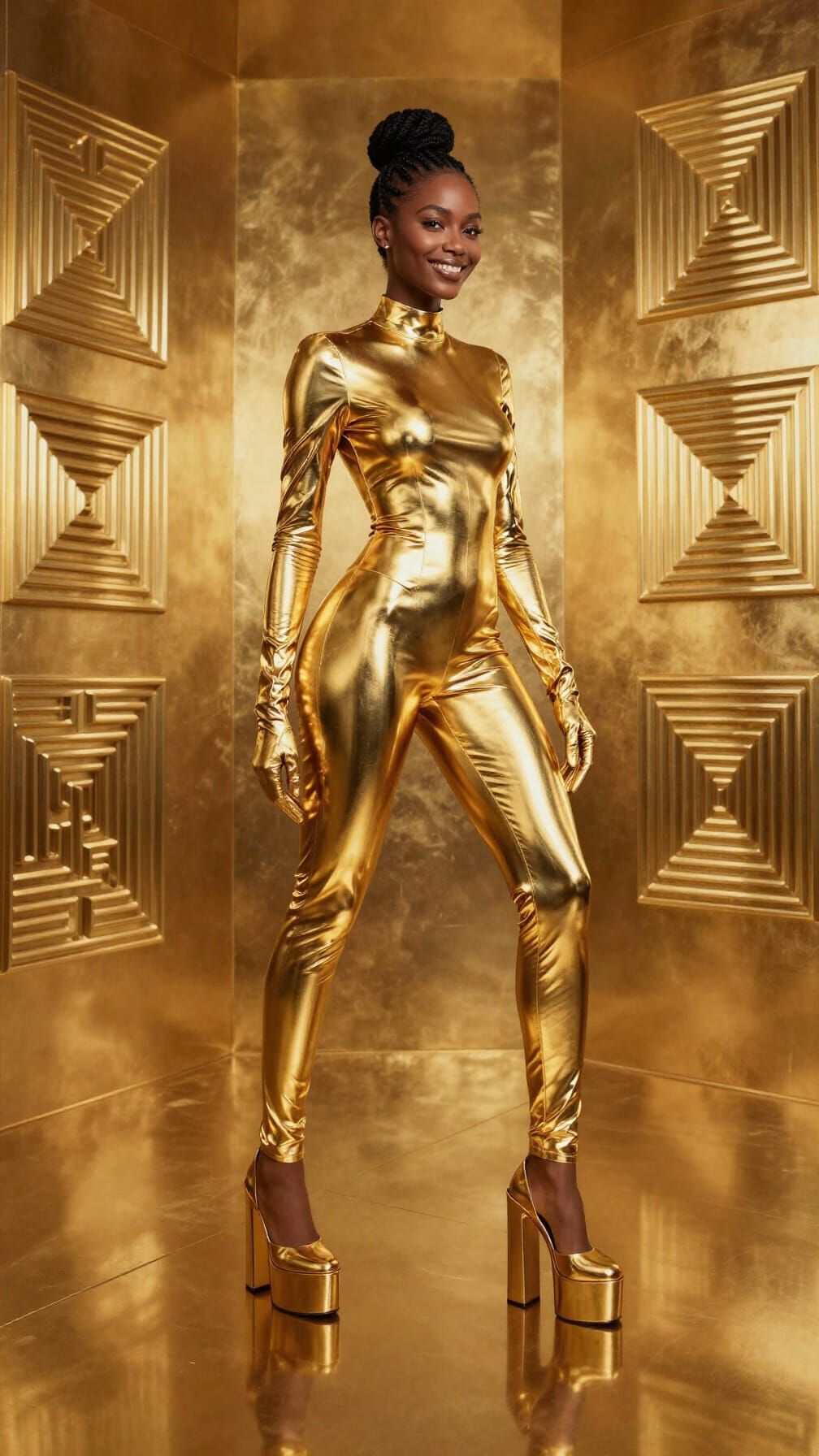 Golden Futuristic Woman in Metallic Catsuit