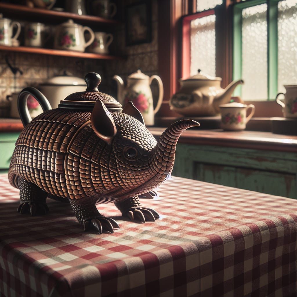 A teapot in the shape of a armadillo on a 1956 kitchen table