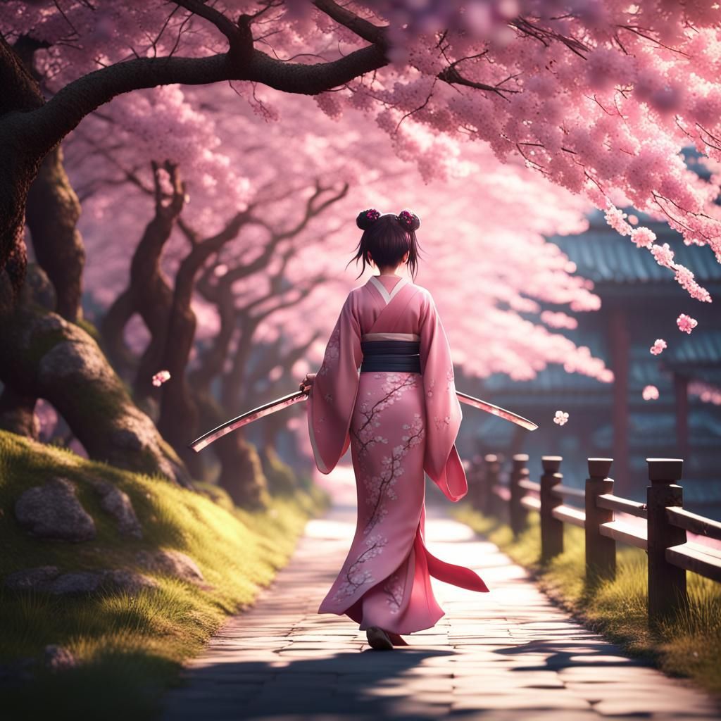 Anime Girl with Katana Under Cherry Blossom Trees