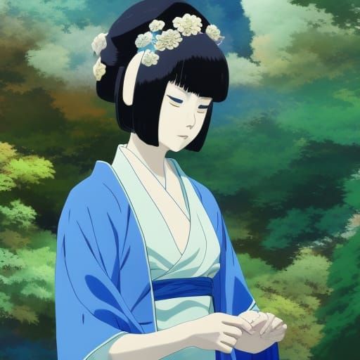 Maiko in Blue Kimono: Studio Ghibli Anime Style