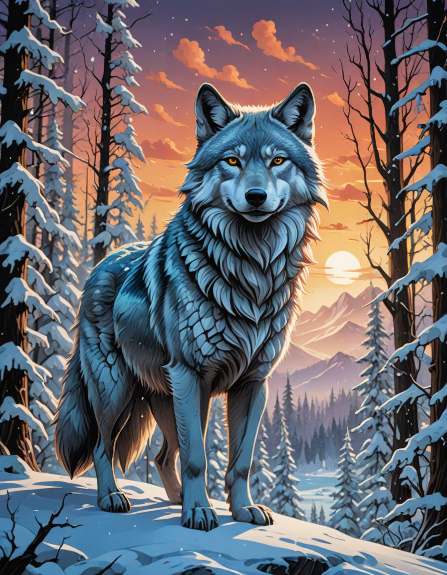 Spirit Wolf in Frigid Tundra Forest, Oil Graphics, Cel-Shade...