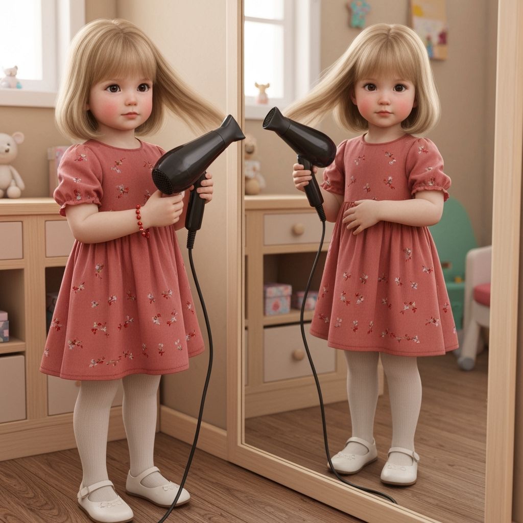 Realistic Photo: Girl Blow-Drying Hair in Mirror