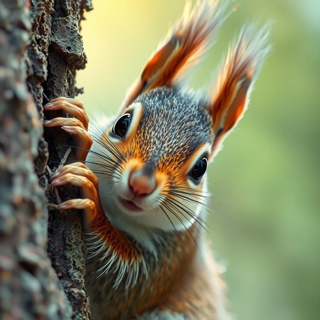 Detailed Close-Up of a Startled Squirrel in a Misty Forest