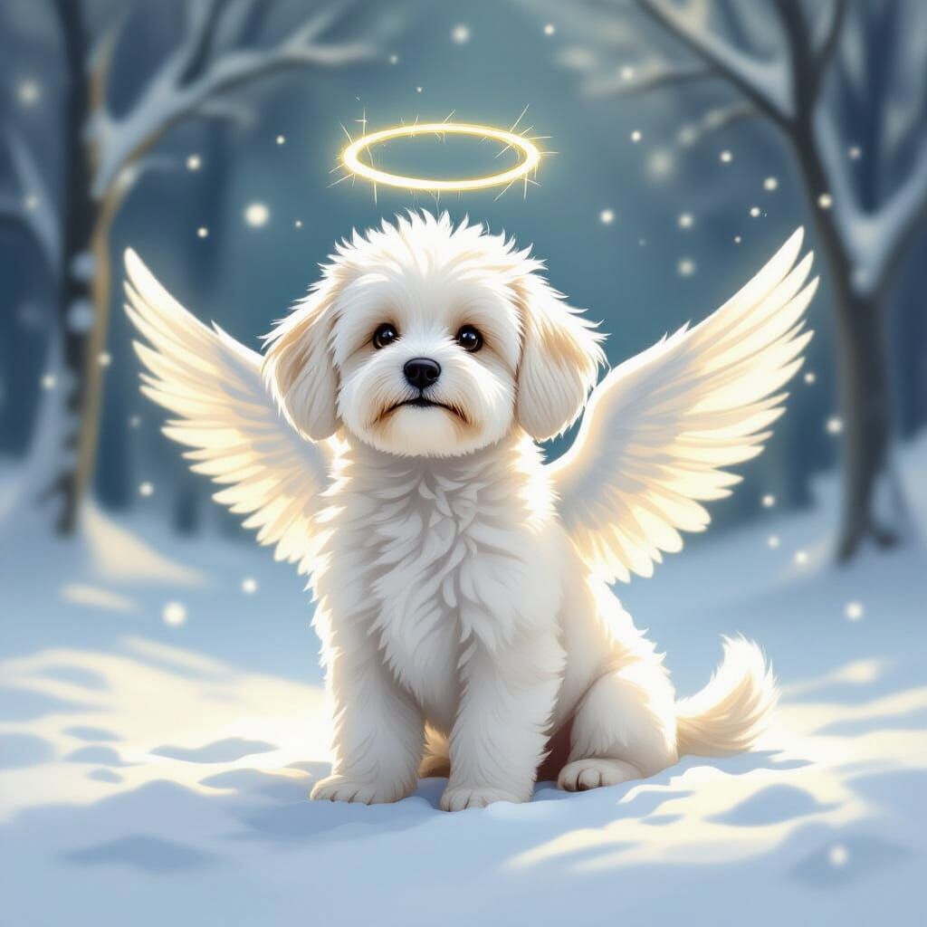 Whimsical Angel Dog Floats in Snowy Dreamscape
