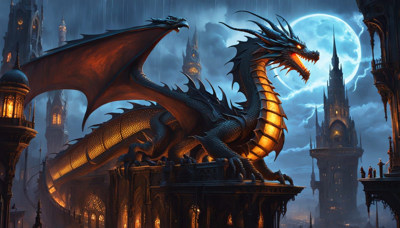 Biomechanical Dragon atop Gothic Spire in Dark Fantasy Art