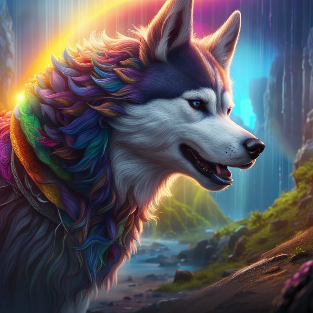 Fantastical Husky Under Sun and Rainbow