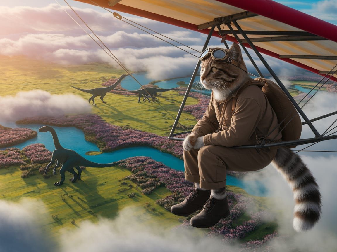 Cat Aviator Soaring Over Dinosaur Landscape