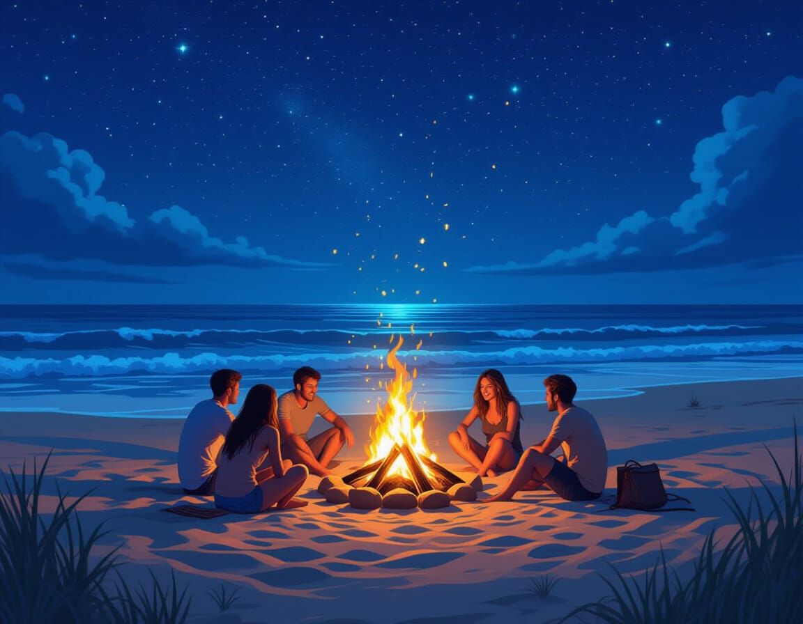 Bonfire Night on Starry Beach, Fantasy Art