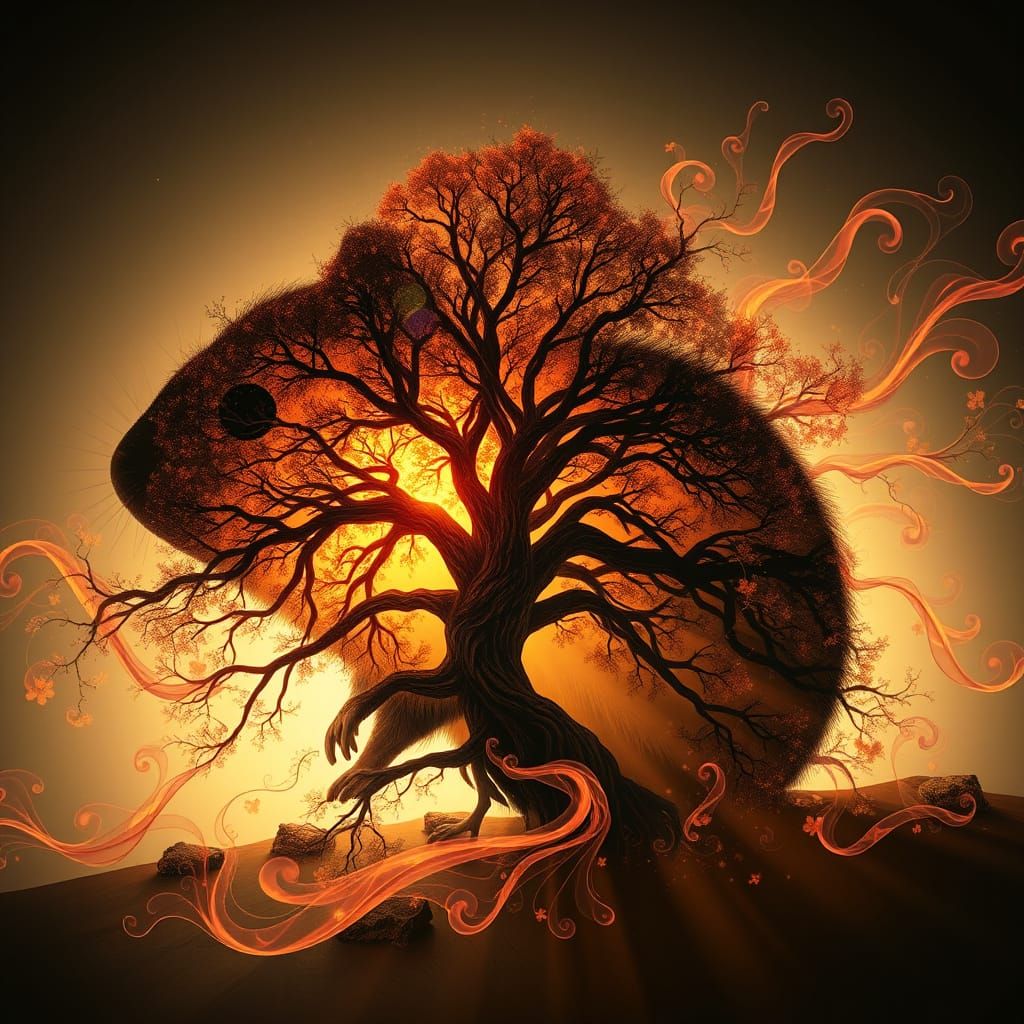 Surreal Hamster Silhouette Filled with Fractal Tree and Colo...