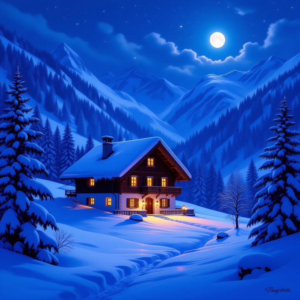 Moonlit Swiss Alps Chalet in Digital Art Style