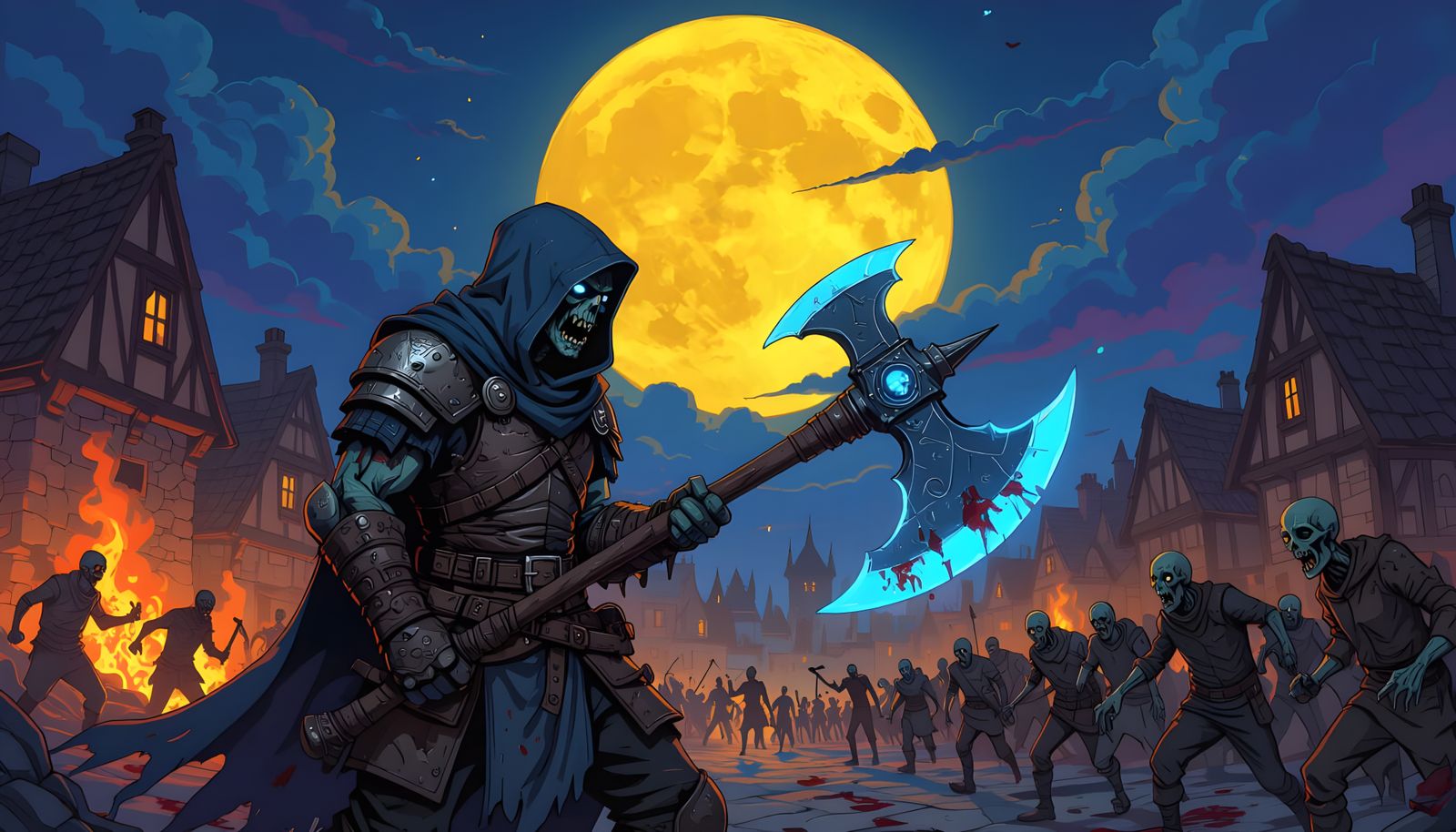 Zombie Knight with Glowing Axe in Darkest Dungeon Style