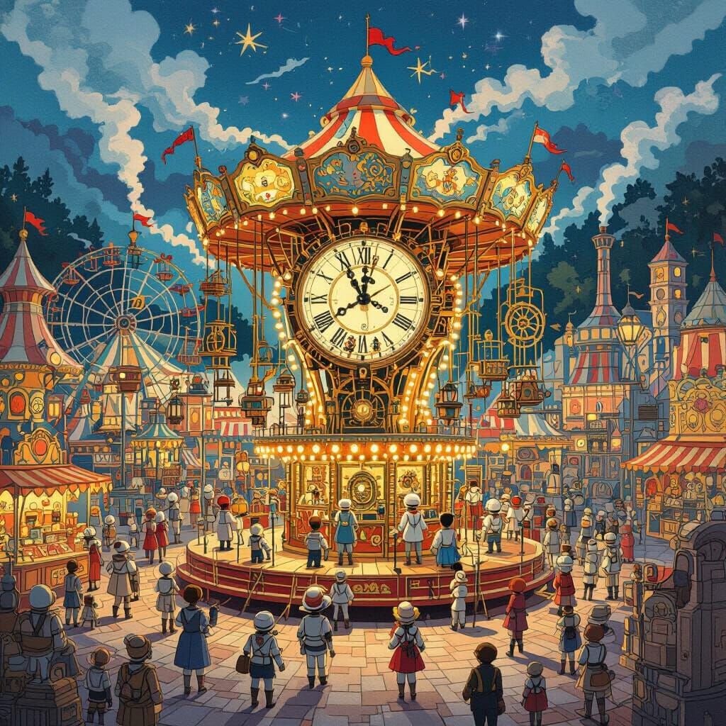 Bustling Clockwork Carnival with Automaton Robots
