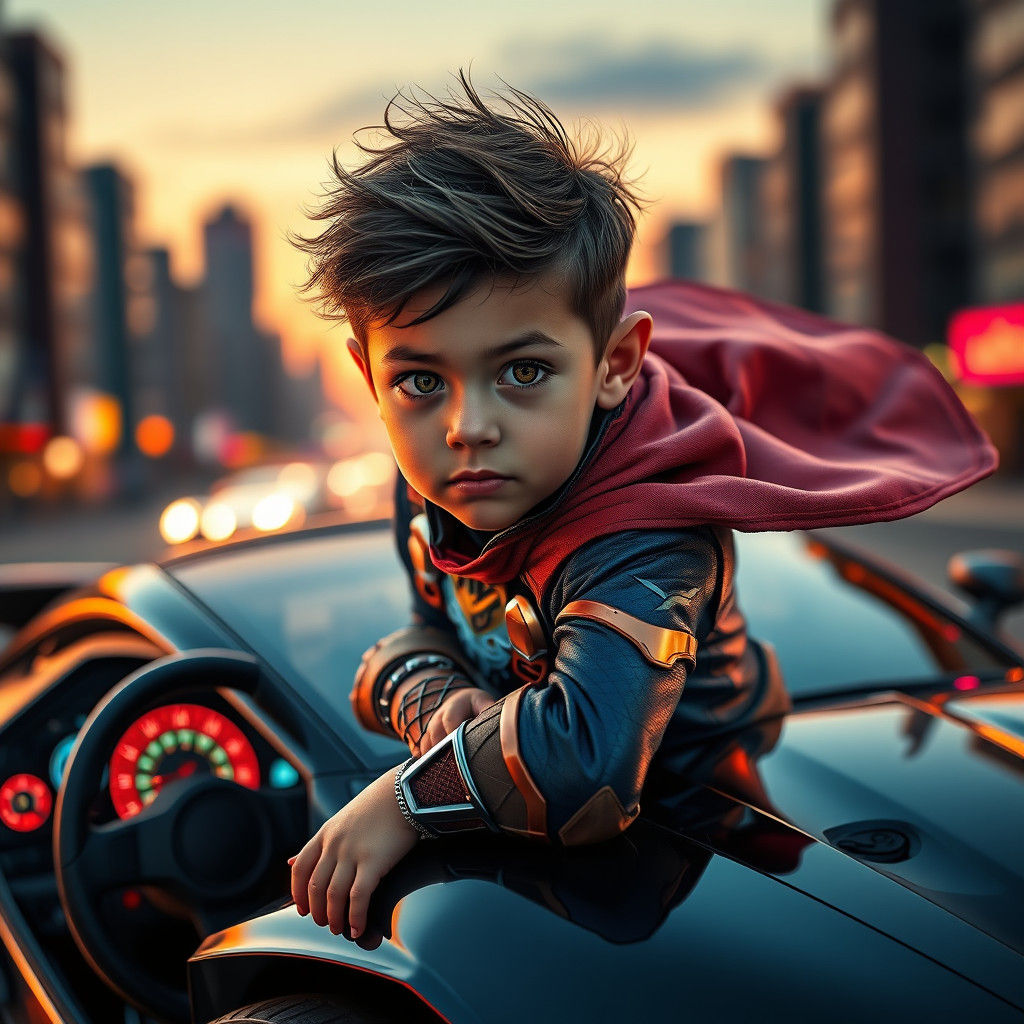 Young Superhero on Futuristic Car in Hyperrealistic Style