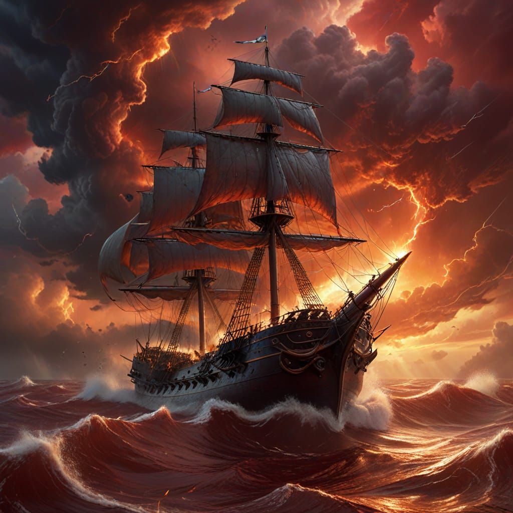 Warship Battles Massive Storm in Crimson Sky