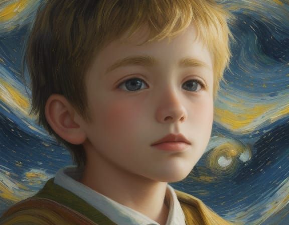 Boy Gazing at Starry Night in Impressionist Style