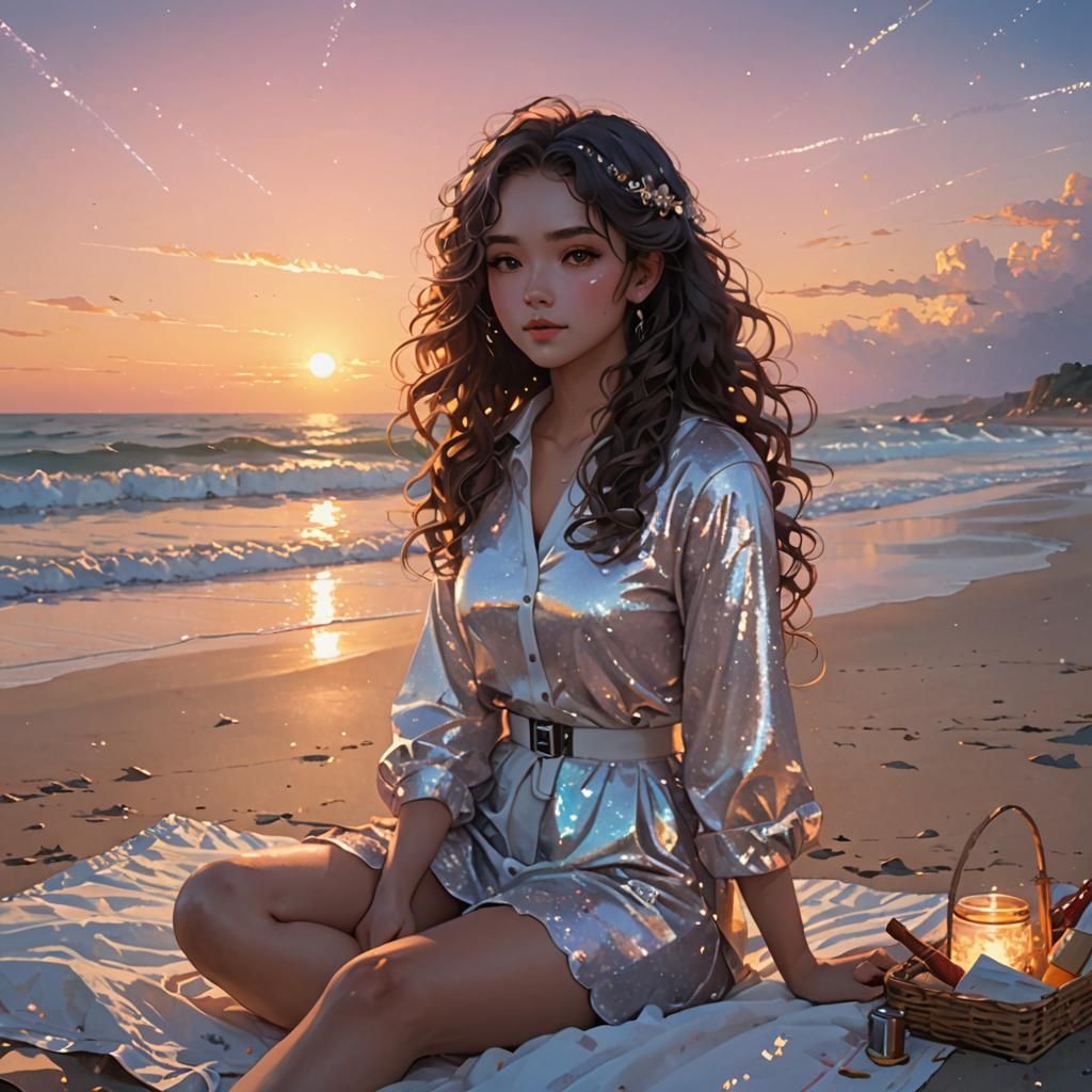 Anime Girl at Beach During Pastel Sunset
