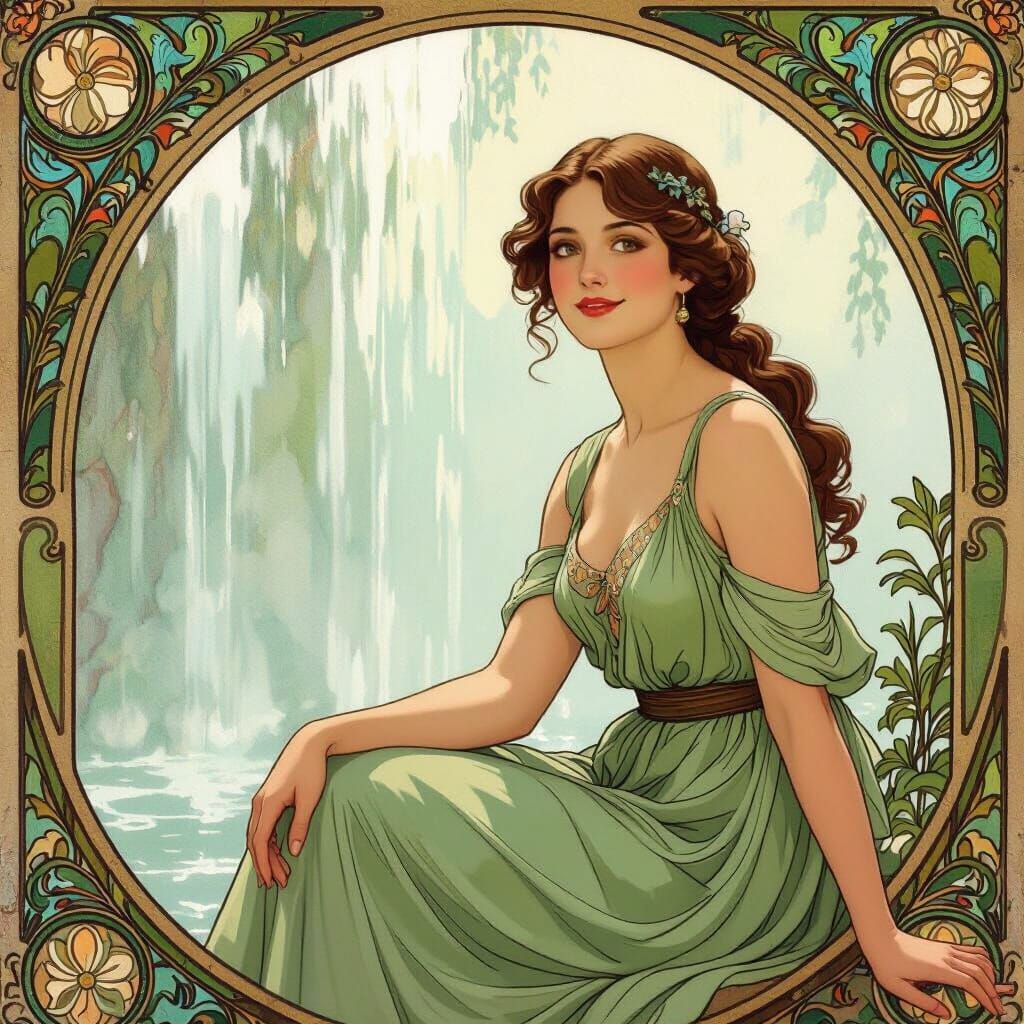 Elegant Woman by Waterfall, Art Nouveau Impressionism