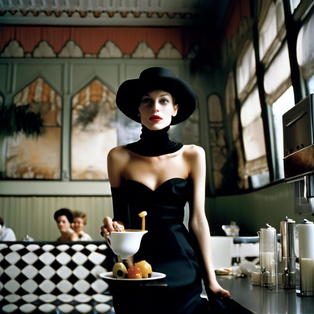 Modern Couture Woman in Cafe: Photorealistic Portrait