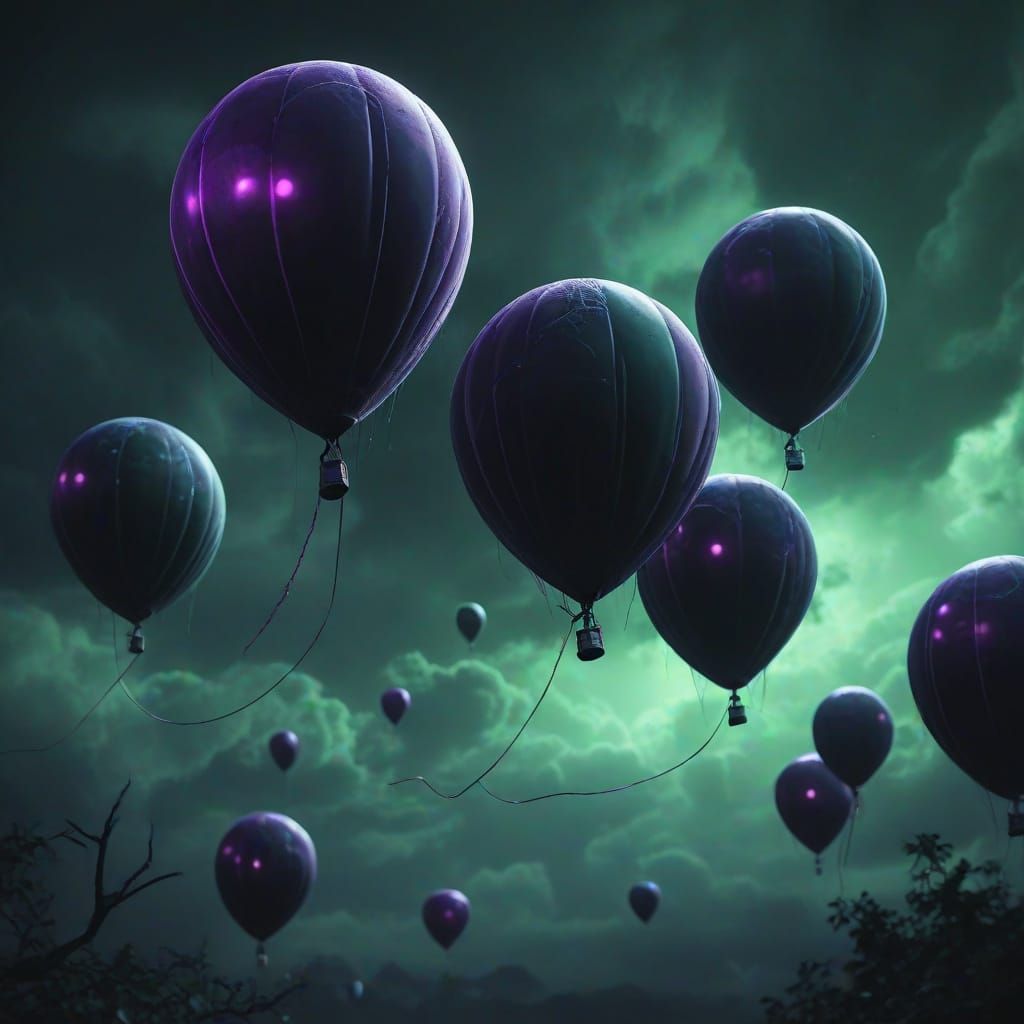 Ominous Glowing Balloons in Moonlit Gothic Night Sky